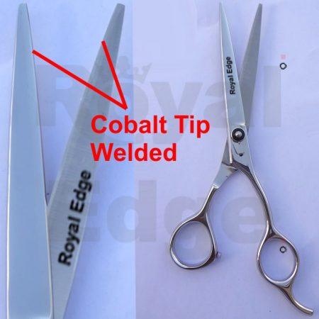 COBALT Strip Pet grooming Shears Size 8.5" Cobalt Strip welded on the blade Different dials option are also available. This is also available in our all finishes like Rainbow , Blue, Black, Powder Coated, Art Work etc.