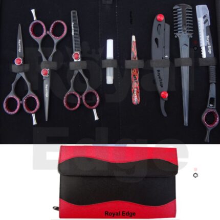 5.0” Black Finish Scissors 5.5” Black finish Scissor, 5.5” Black finish thinning Scissor, Color Tweezer Black Razer with red screw Black Thinning Razor with blade Plastic Comb Oil Bottle Red and BLACK Kit. New style kit. with zipper and extra flap with Velcro. Kit Size when Close 10” x 6.6”