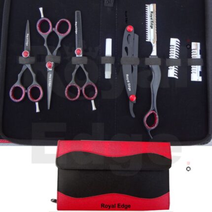 5.0” Black Finish Scissors 5.5” Black finish Scissor, 5.5” Black finish thinning Scissor, Black Razer with red screw Thinning Razer with three comb Oil Bottle Red and BLACK Kit. New style kit. with zipper and extra flap with Velcro. Kit Size when Close 10” x 6.6”