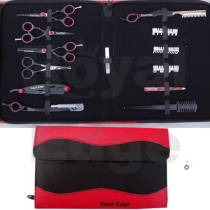 5.0” Black Finish Scissors 5.5” Black finish Scissor, 5.5” Black finish thinning Scissor, 4.5” Ball Tip Scissors with plastic coated handle Black Razer with red screw Black Thinning Razor with blade Thinning Razer with four comb Color Tweezers Plastic Comb Red and BLACK Kit. New style kit. with zipper and extra flap with Velcro. Kit Size when Close 11.9” x 10.6”