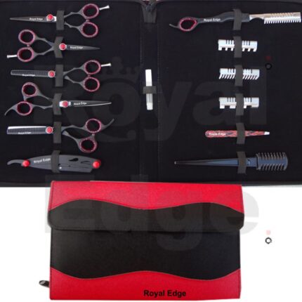 5.0” Black Finish Scissors 5.5” Black finish Scissor, 5.5” Black finish thinning Scissor, 6.0” Black Finish Scissors 6.0” Black Finish Thinning Black Razer with red screw Black Thinning Razor with blade Thinning Razer with four comb Color Tweezers Plastic Comb Red and BLACK Kit. New style kit. with zipper and extra flap with Velcro. Kit Size when Close 11.9” x 10.6”