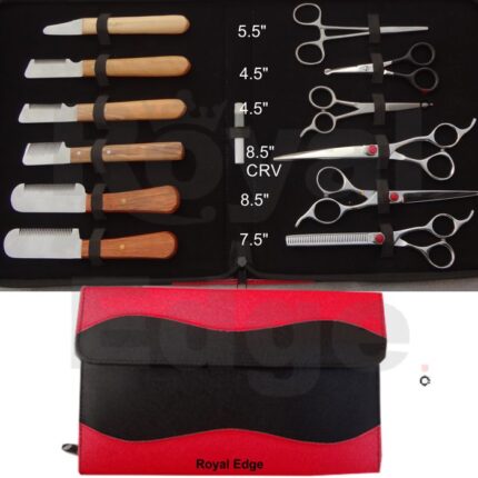 7.5" Thinning Shears 8.5" Pet Grooming Shears 8.5" Curved Pet Grooming Shears 4.5" Scissors 4.5" Ball Tip Scissors 5.5" Forceps Stripping Knives 6 Pcs Oil Bottle Red And Black Kit With zipper and extra Flap Kit Size when Close 11.9” x 10.6” You can also select your required scissors and tools from our web site we will adjust your required tools in this kit.