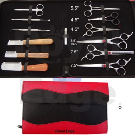 7.5" Pet Grooming Shears 7.5" Pet Grooming Thinning 8.5" Pet Grooming Shears CURVED 4.5" Scissors 4.5" Ball Tip Scissors 5.5" Forceps Stripping Knives 3 Pcs Fine Point Scalar Flat Scalar Nail Scissors Oil Bottle Red And Black Kit With zipper and extra Flap Kit Size when Close 11.9” x 10.6” You can also select your required scissors and tools from our web site we will adjust your required tools in this kit.